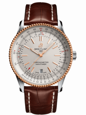 Αυτόματο ανδρικό ρολόι Breitling της σειράς Navitimer με καφέ δερμάτινο λουράκι αλιγάτορα και λευκό καντράν.Κάσα απο ανοξείδωτο ατσάλι και ροζ χρυσό 18Κ διαμέτρου 41mm, στεγανή στα 30 μέτρα. Συνοδεύεται από 2 χρόνια εγγύηση επίσημης αντιπροσωπείας.