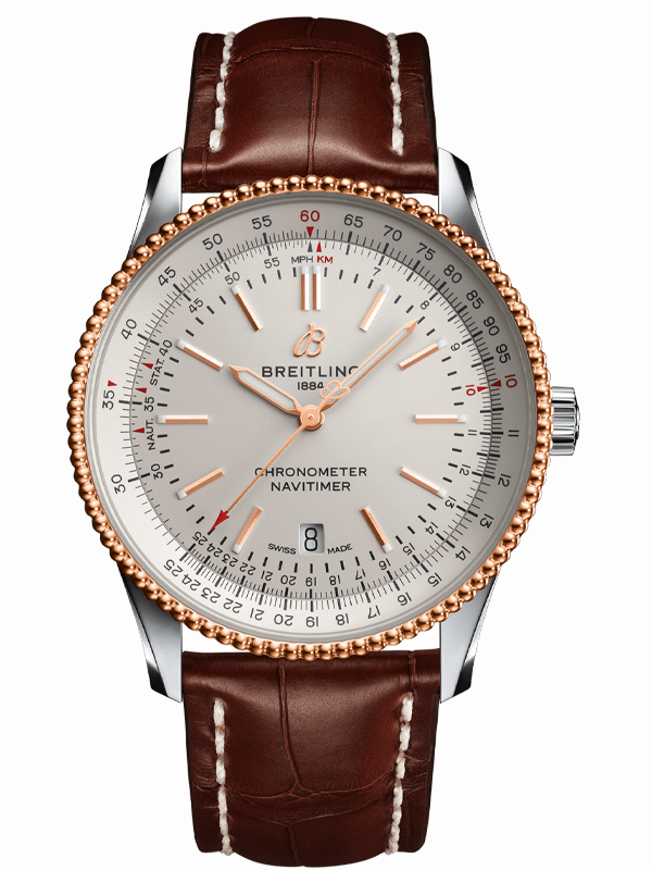 Αυτόματο ανδρικό ρολόι Breitling  της σειράς Navitimer με καφέ δερμάτινο λουράκι αλιγάτορα και λευκό καντράν.Κάσα απο ανοξείδωτο ατσάλι και ροζ χρυσό 18Κ διαμέτρου 41mm, στεγανή στα 30 μέτρα. Συνοδεύεται από 2 χρόνια εγγύηση επίσημης αντιπροσωπείας.