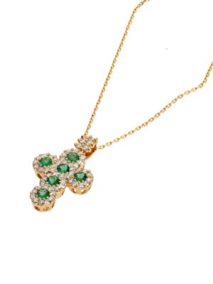 Printezis Fine Jewellery Σταυρός Χρυσός Κ18 με Διαμάντια και Σμαράγδια 07-018-0498