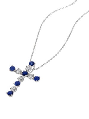 Printezis Fine Jewellery Σταυρός Λευκόχρυσος Κ18 με Διαμάντια και Ζαφείρια 07-018-0500